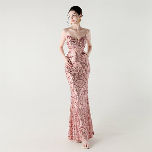 Graceful Sequin Embellished Mesh Mermaid Maxi Dress